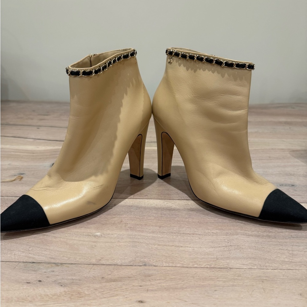 CHANEL Tan and Black Ankle Boots